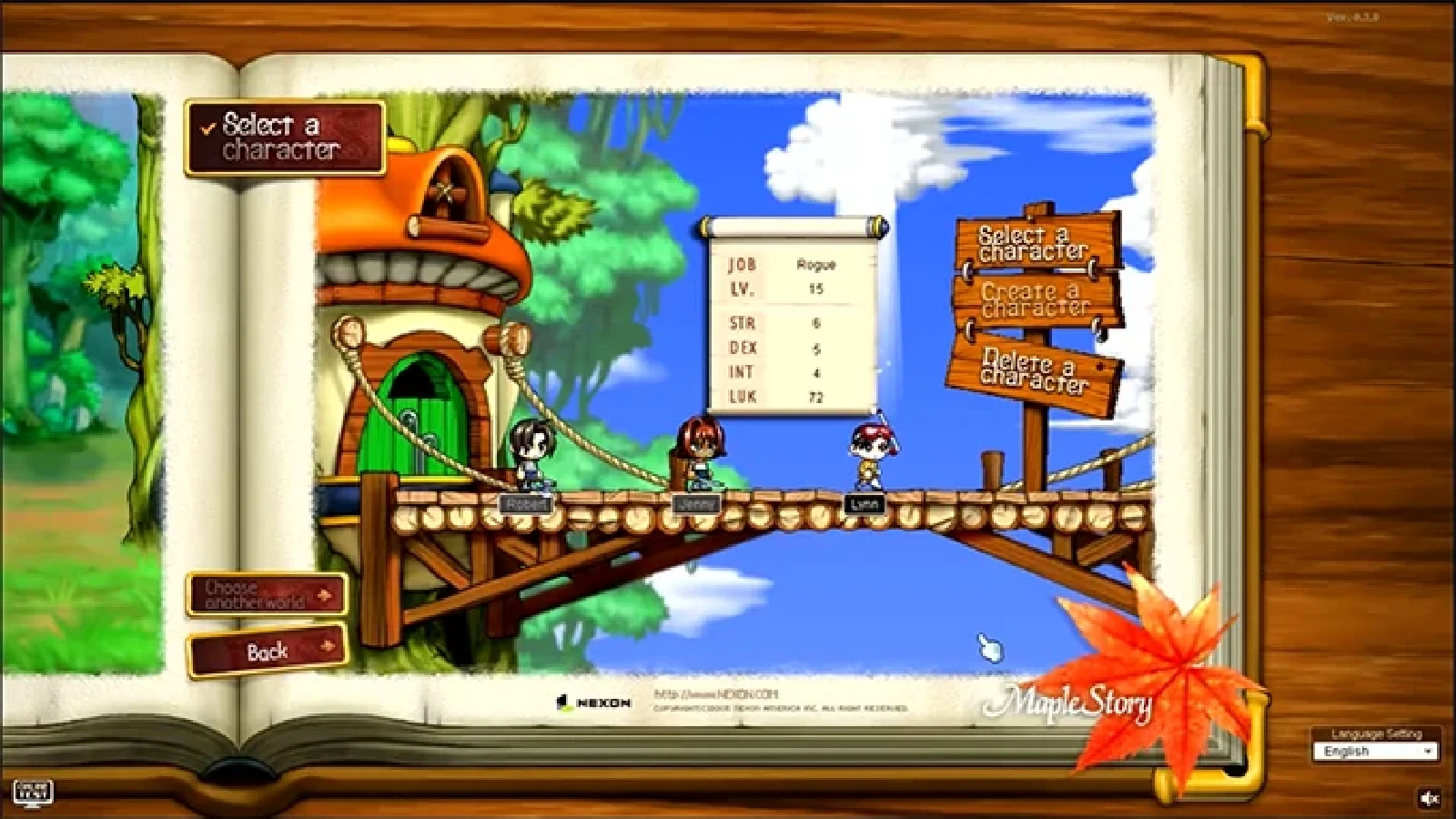 Official MapleStory Classic character selection screen